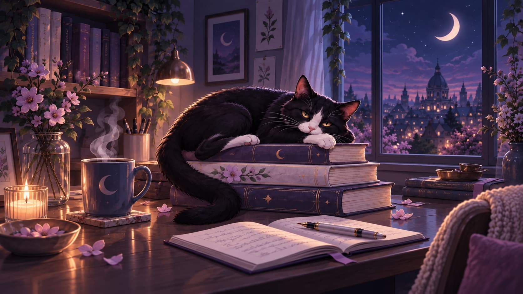 Un gato descansando sobre libros en un rincón de escritura durante la noche.