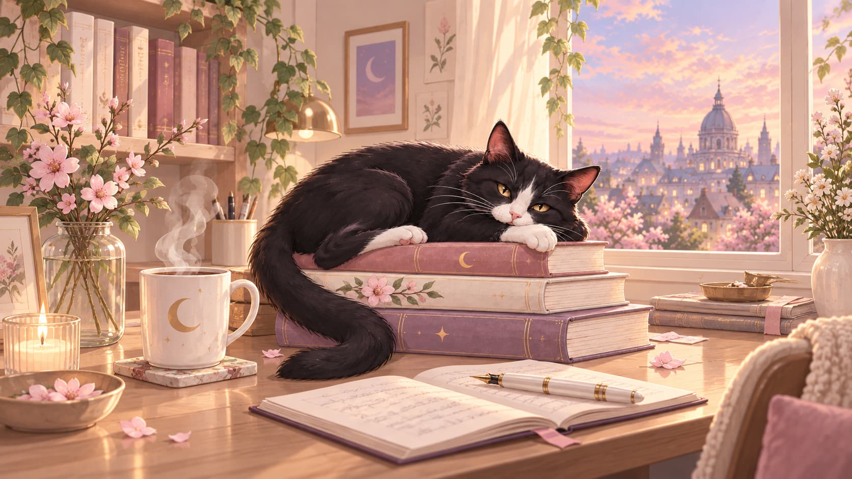 Un gato descansando sobre libros en un rincón de escritura iluminado por tonos cálidos.