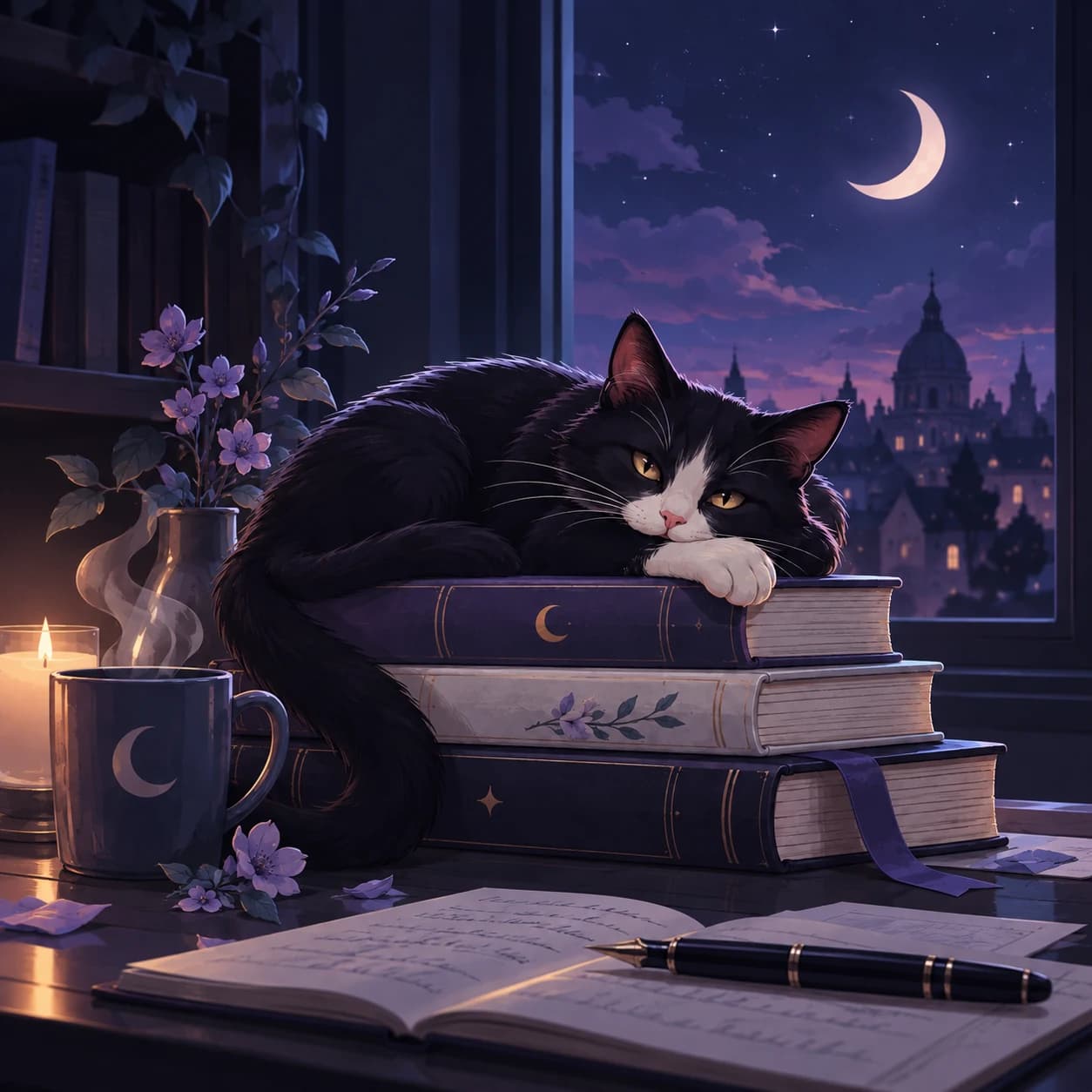 Un gato descansando sobre libros junto a una ventana nocturna, una taza y un cuaderno.