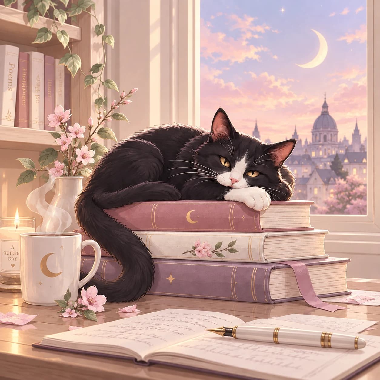 Un gato descansando sobre libros junto a una ventana, una taza y un cuaderno.